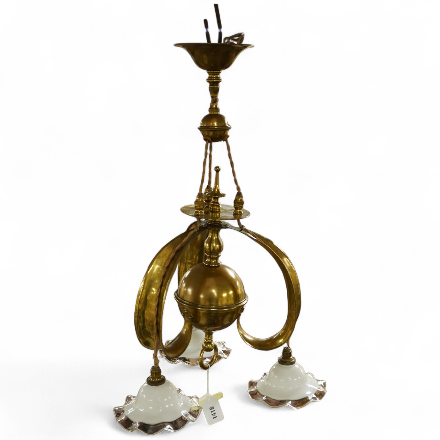 A late 19th century decorative brass, three branch hanging light, with fluted glass shades, 63cm high